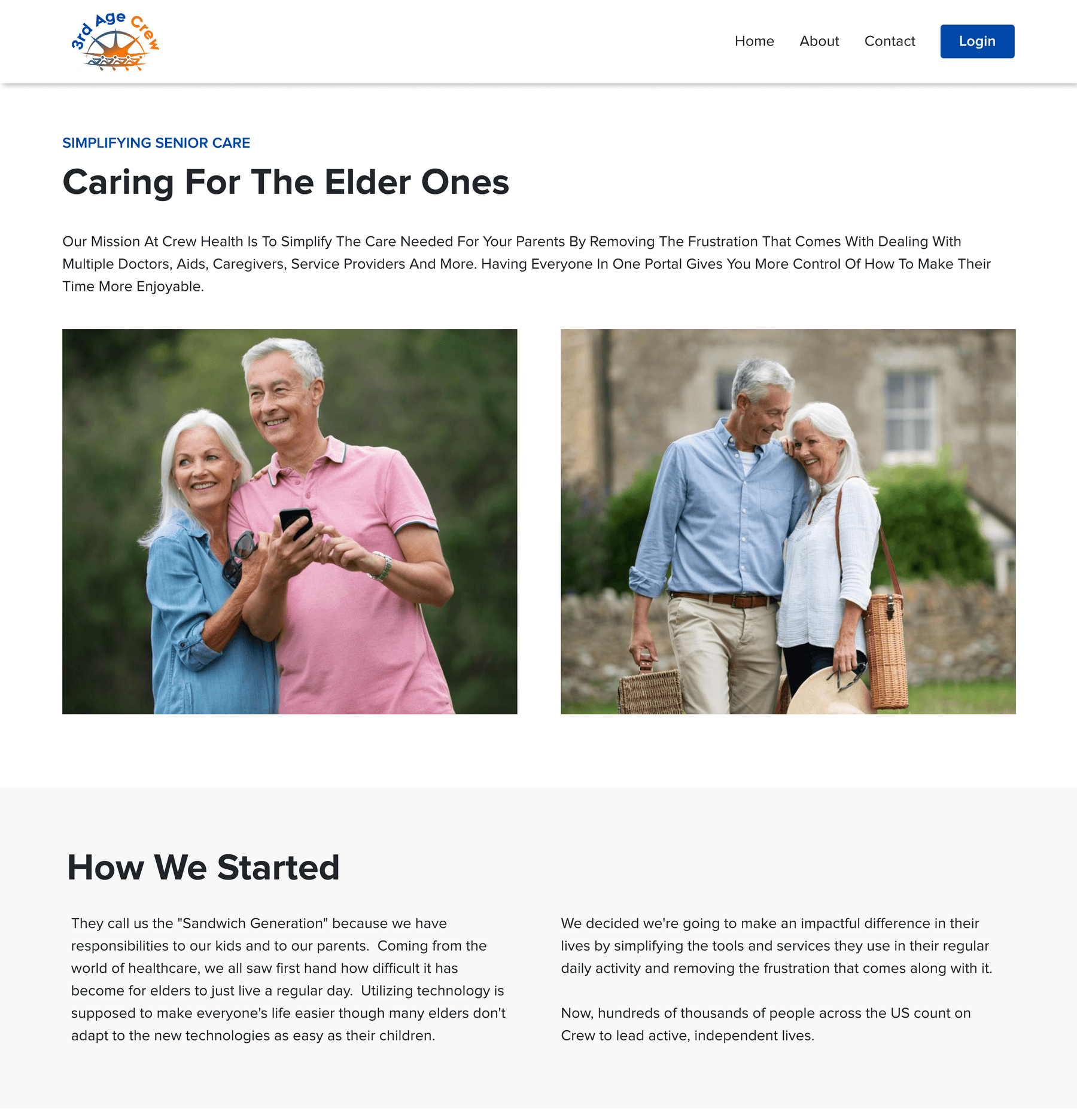 About page: Caring For The Elder Ones mission, photography, and the How We Started founder story.