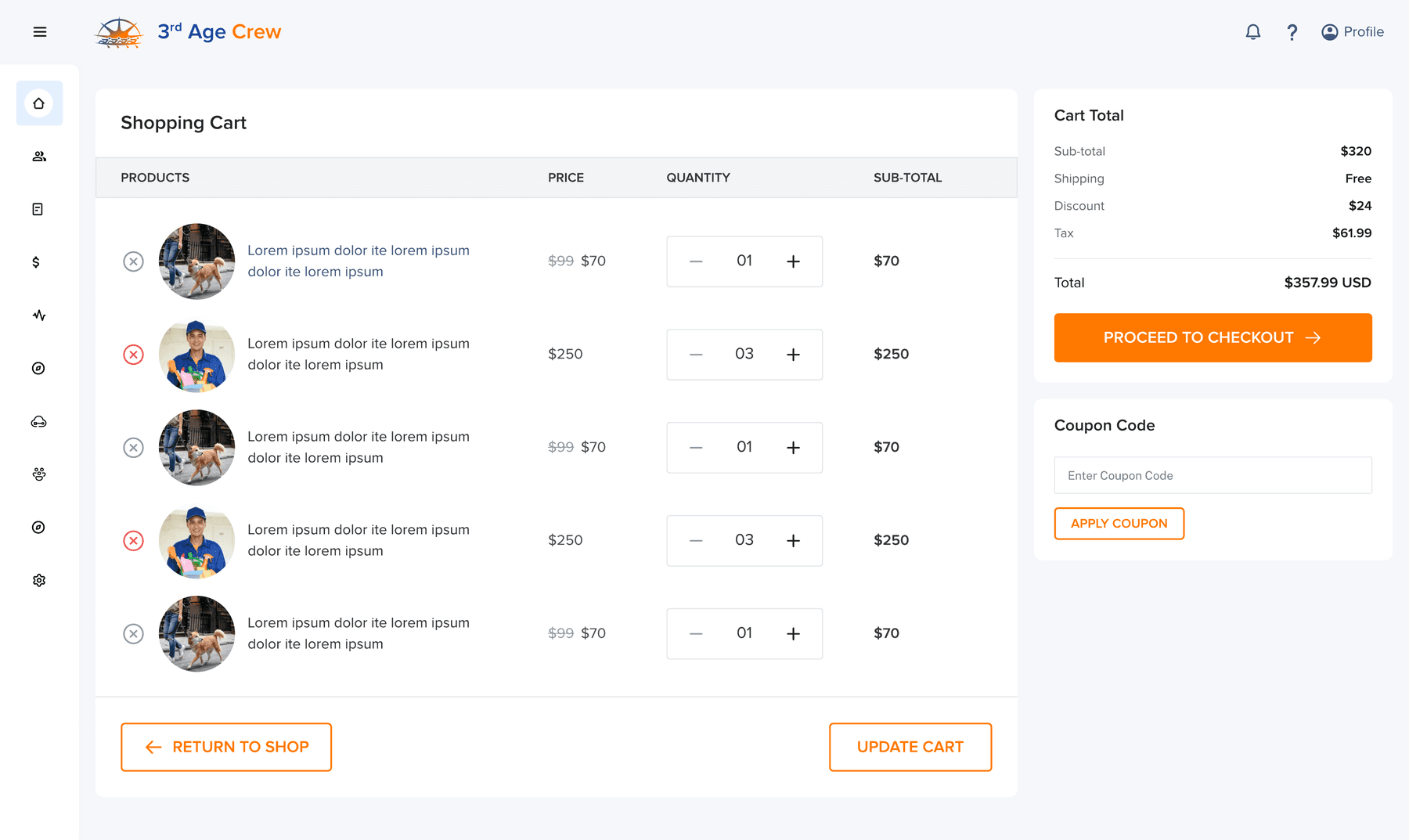 Shopping cart with quantity steppers, cart total, and a coupon code field.