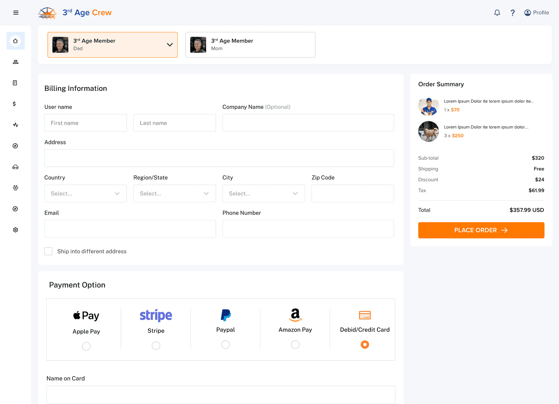 Checkout opening with a 3rd Age Member selector - Dad, Mom - above billing and five payment options.