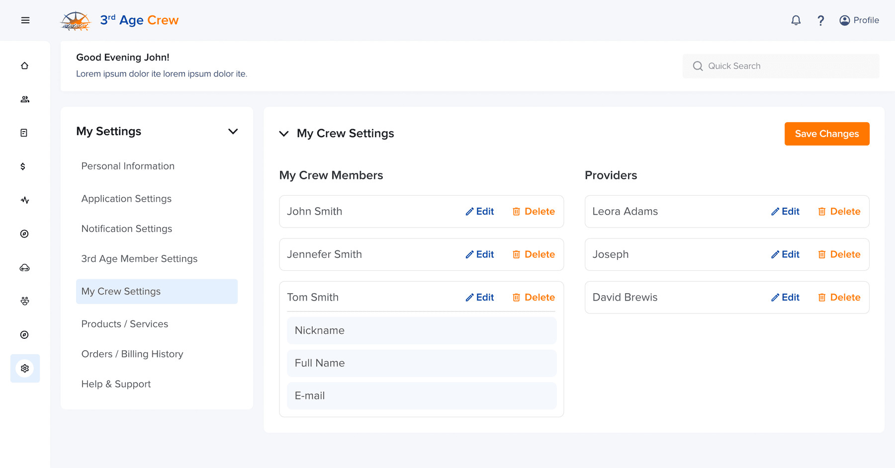 My Crew Settings: crew members and providers listed side by side with edit and delete actions.