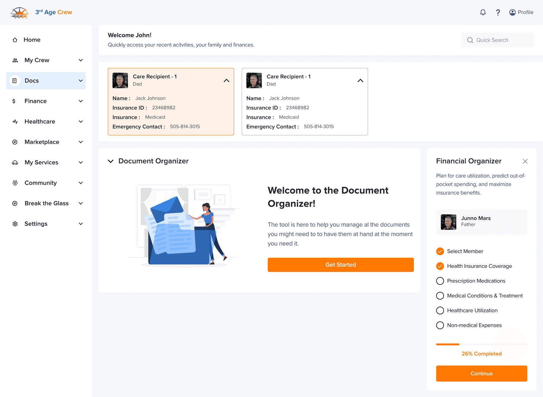 Document Organizer: sidebar with ten sections, care-recipient cards, the organizer welcome, and the Financial Organizer checklist.