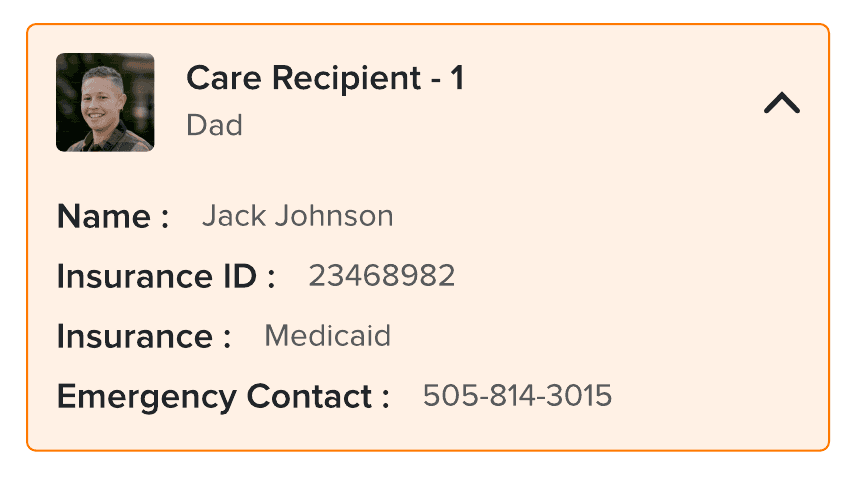 Zoom: a care-recipient card with orange border and warm tint.