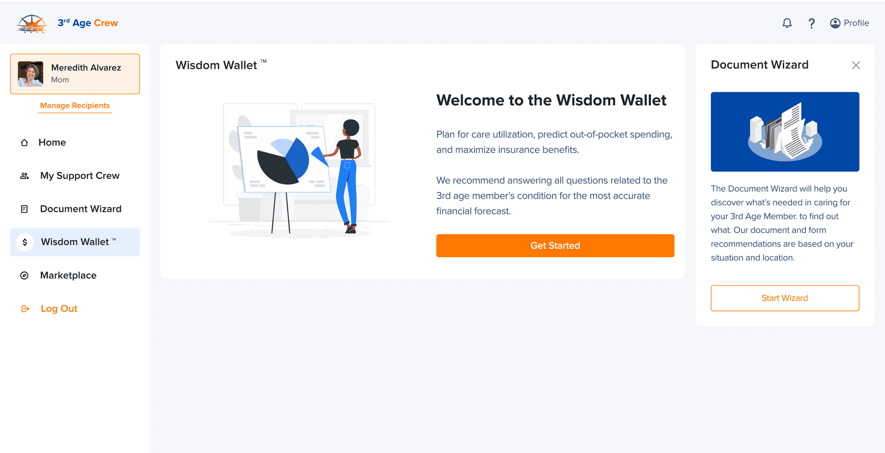 Wisdom Wallet financial organizer with the Document Wizard side panel.