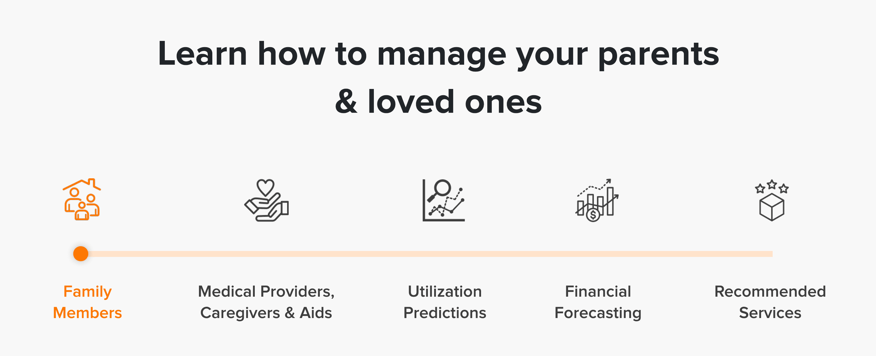 Zoom: the five-pillar feature walk - Family Members, Medical Providers, Caregivers and Aids, Utilization Predictions, Financial Forecasting, Recommended Services.