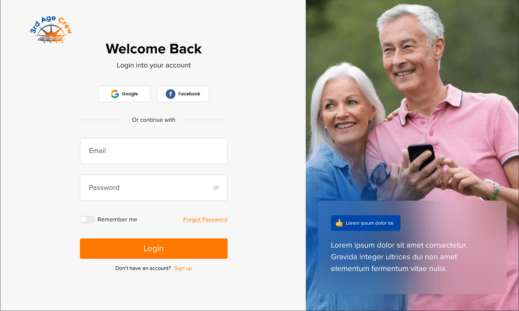 Login: social sign-in with Google and Facebook, Remember me, and a split layout with photography of an elderly couple.
