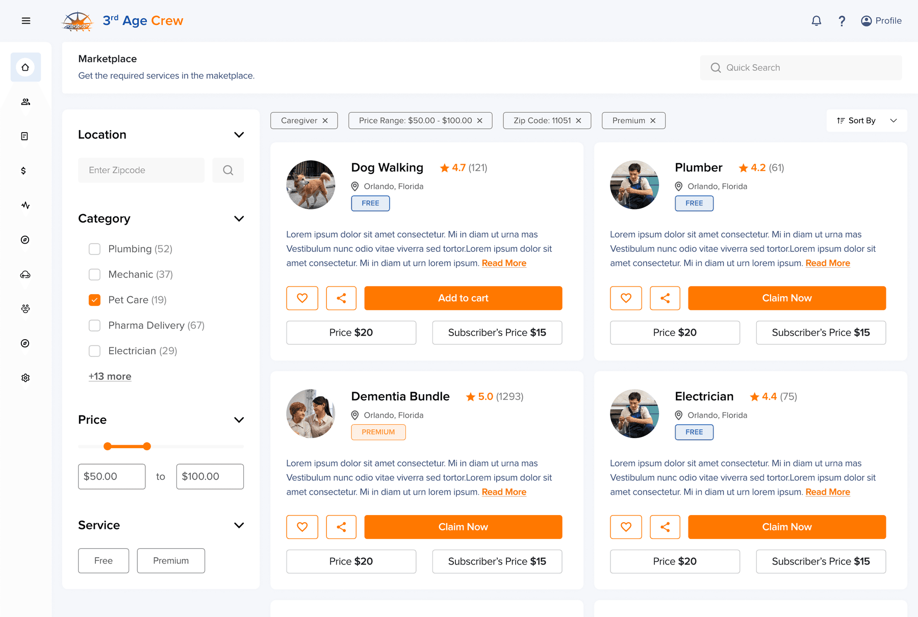 Marketplace dashboard: filters, service cards with ratings, FREE and PREMIUM badges, Price and Subscriber's Price.
