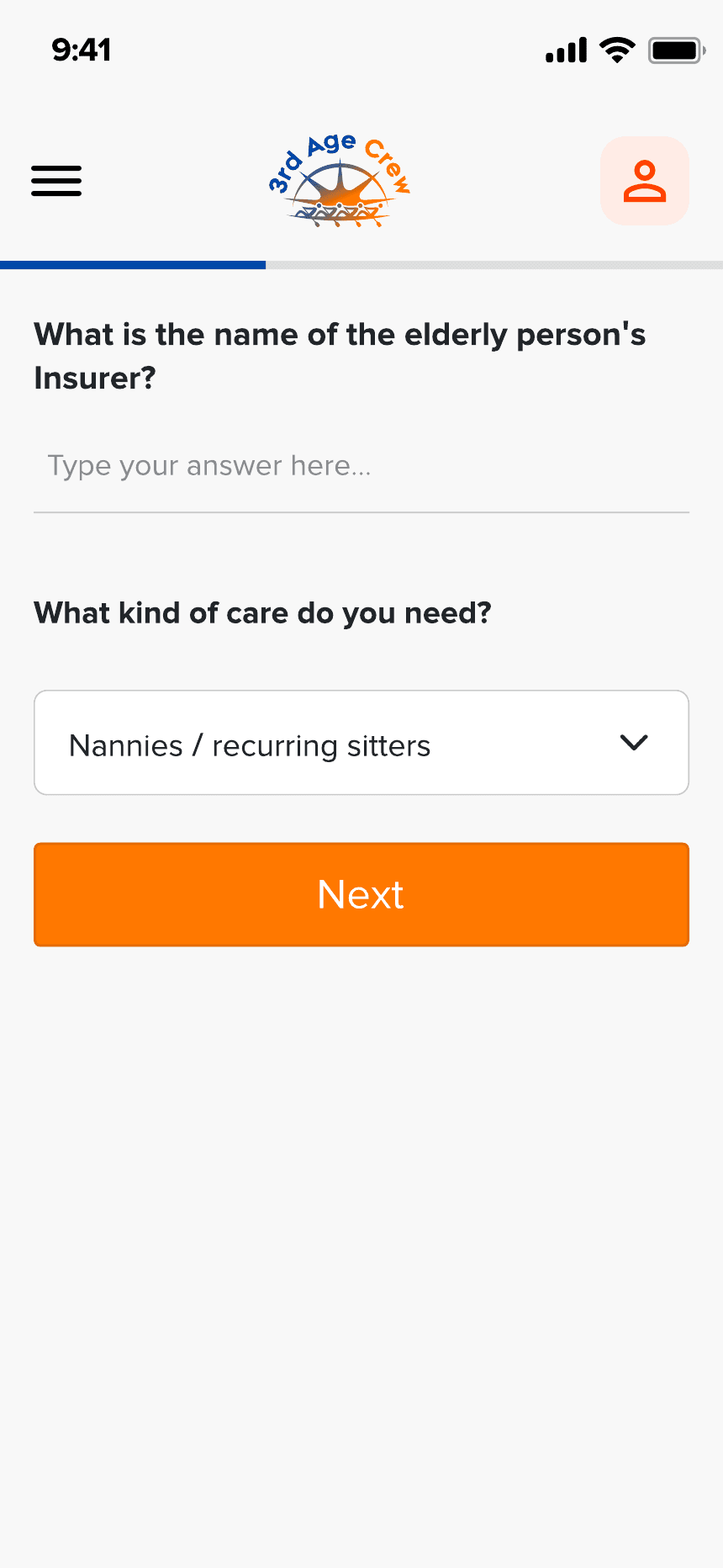 Mobile onboarding: the insurer question and care type, with the progress bar in view.