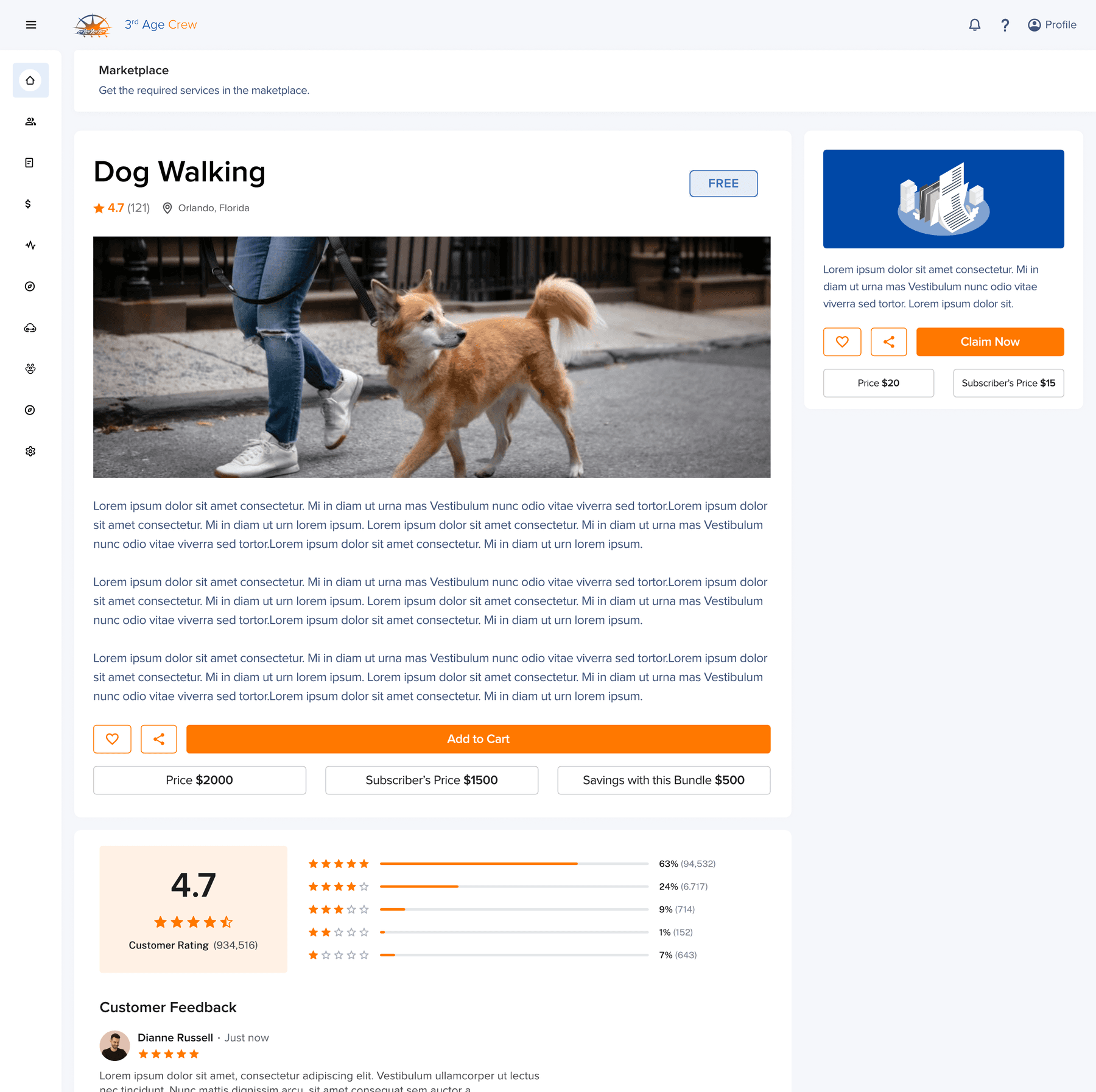 Single service page: photo, description, Add to Cart, Price, Subscriber's Price, bundle savings, and a 4.7 rating histogram.