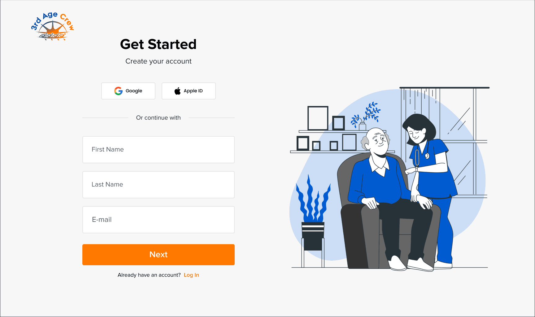 Signup: name and email, Google and Apple ID options, caregiver illustration.