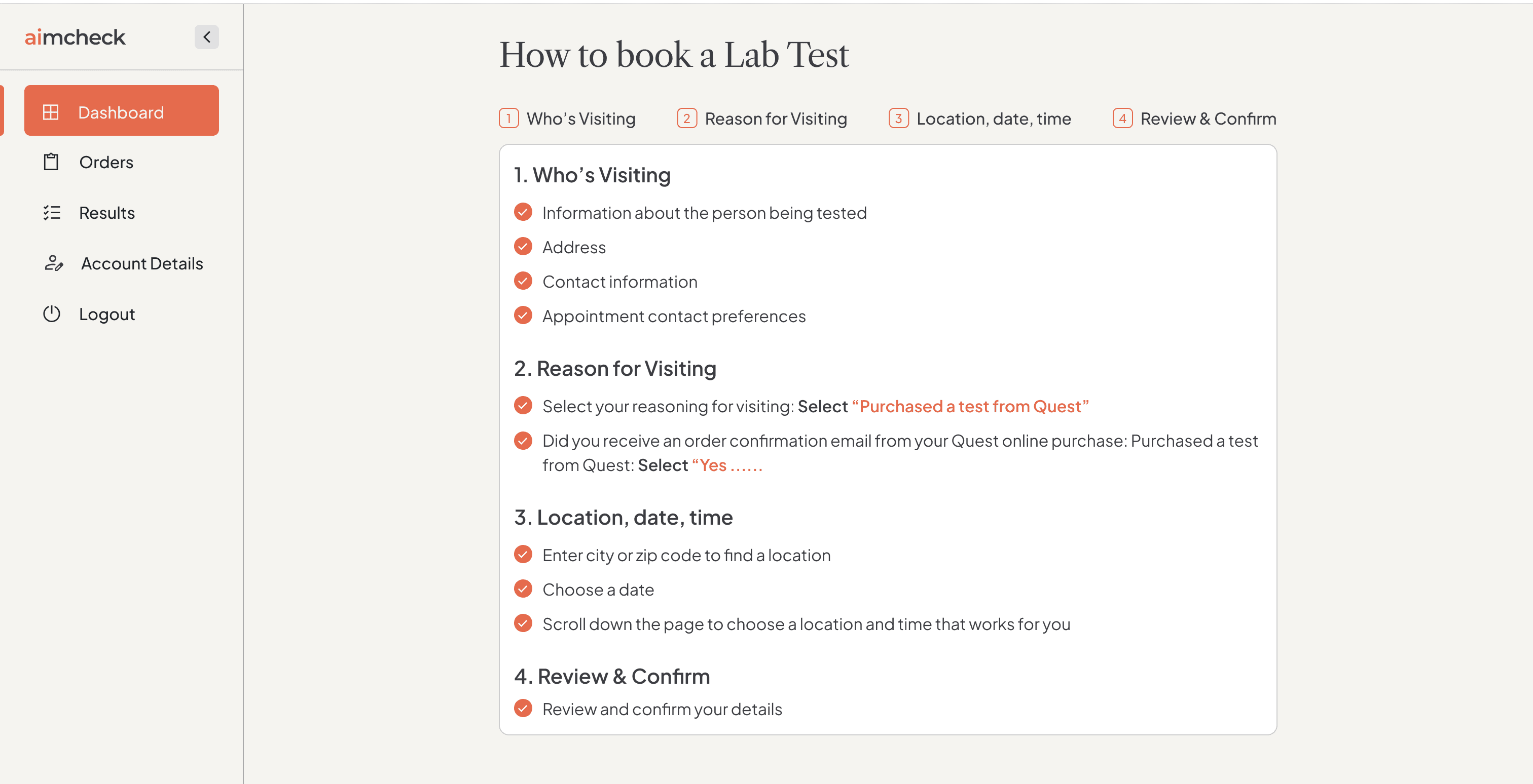 How to book a Lab Test: four-step guide for the Quest Diagnostics visit, from Who's Visiting to Review and Confirm.