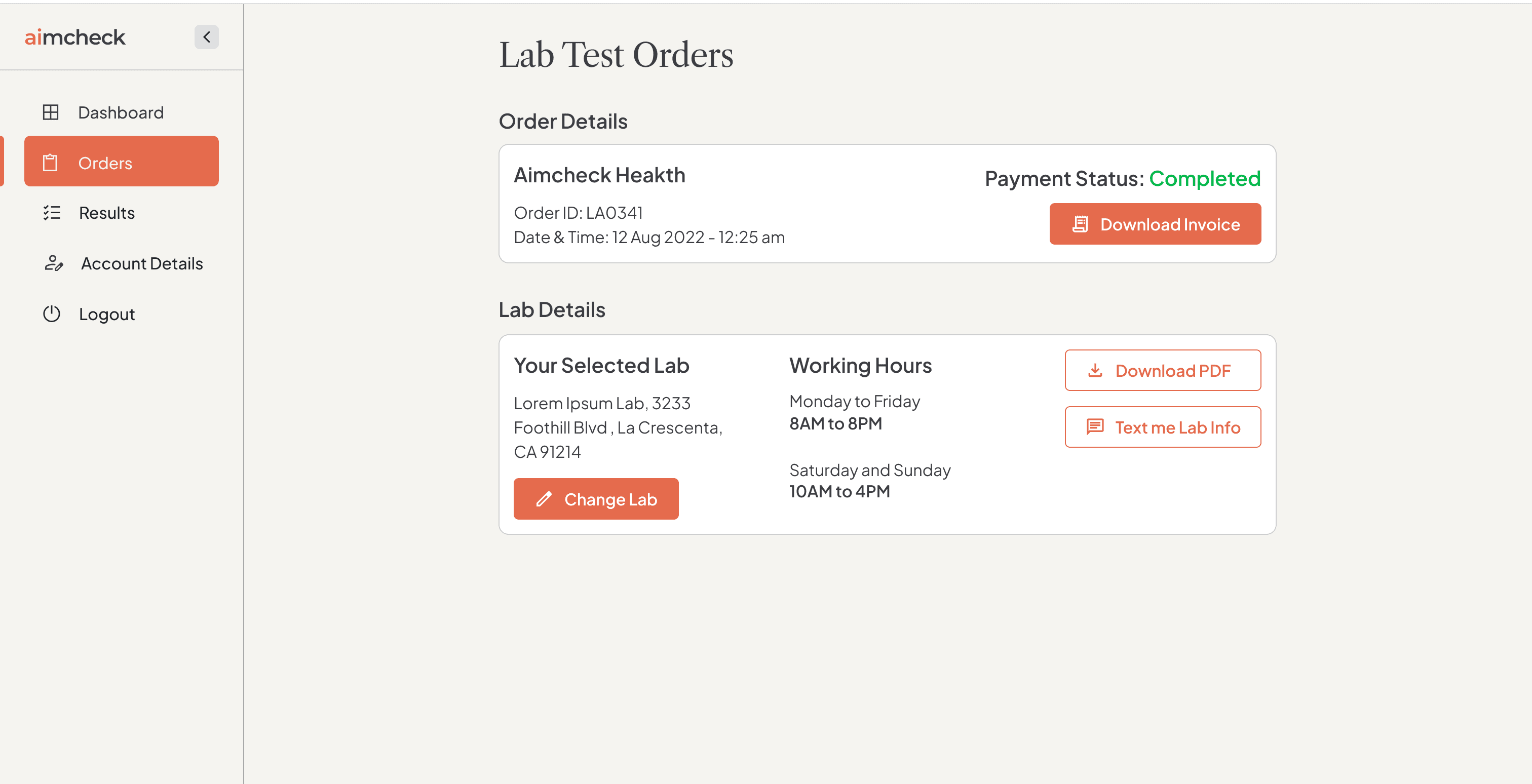 Order details with selected lab, working hours, change-lab action, invoice and PDF downloads, and Text me Lab Info.