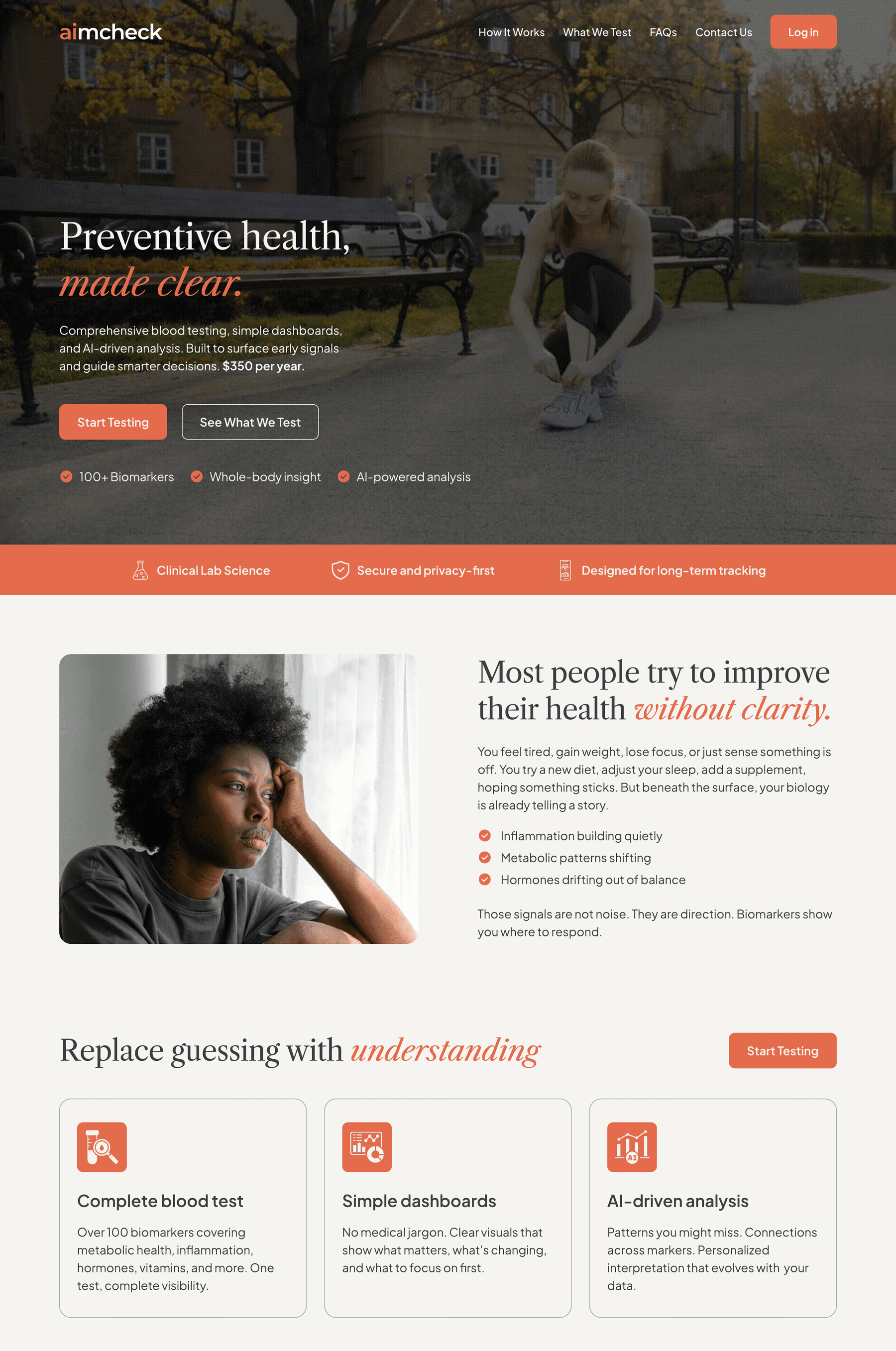 AimCheck homepage: hero, the problem section, and three feature cards for blood tests, dashboards, and AI analysis.