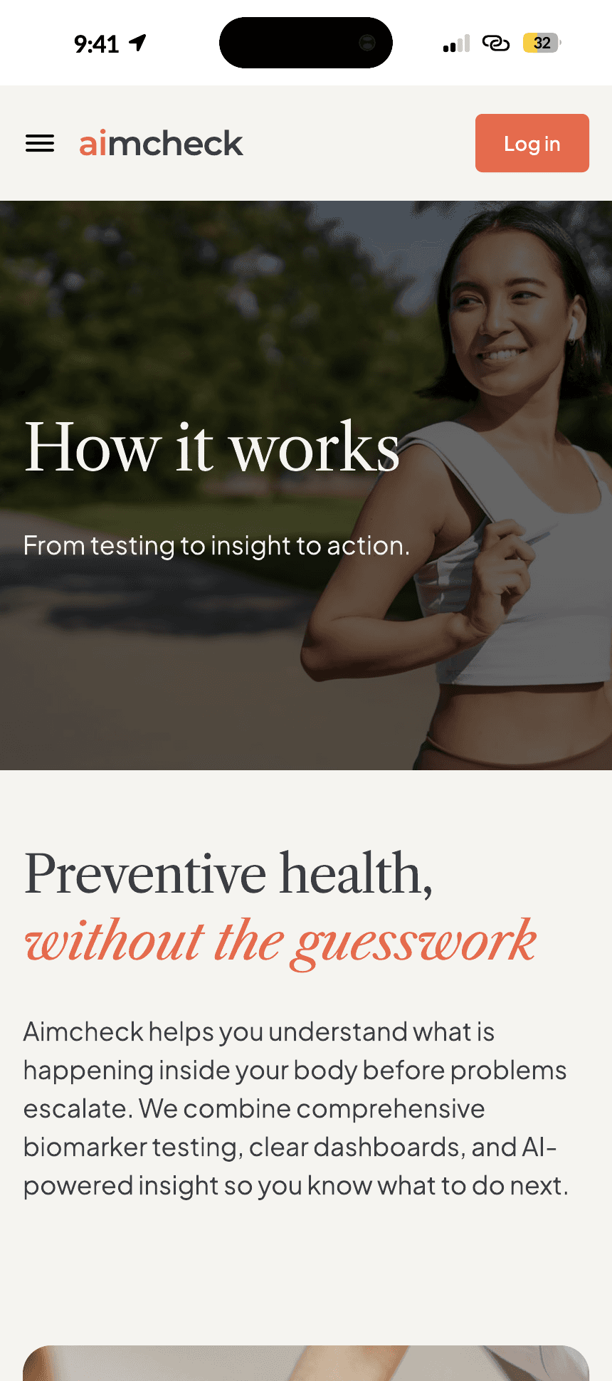 AimCheck How it Works page on mobile, with the without the guesswork headline.