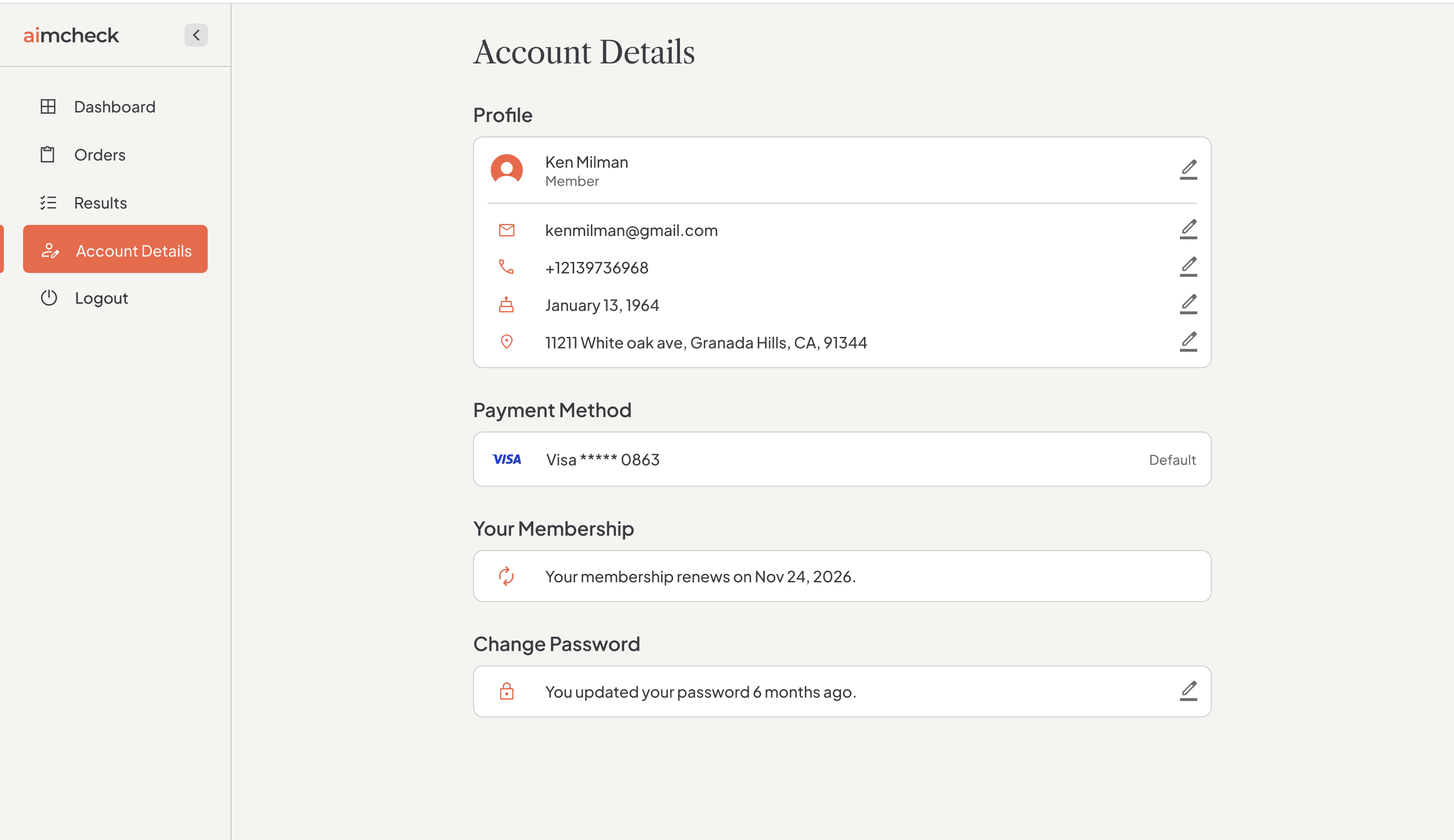 Account Details: editable profile rows, payment method, membership renewal date.