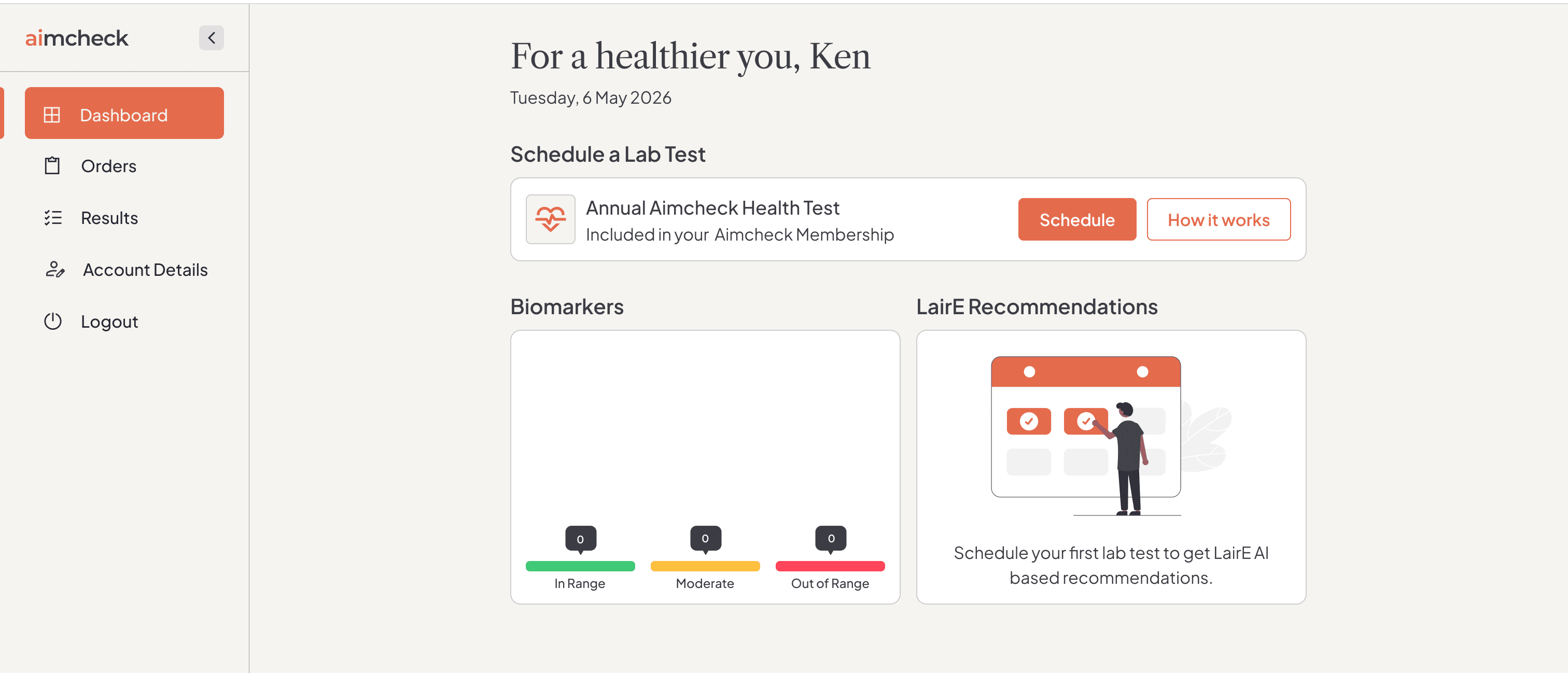 Health Hub dashboard empty state: Schedule a Lab Test card, biomarker status summary at zero, LairE recommendations prompt.