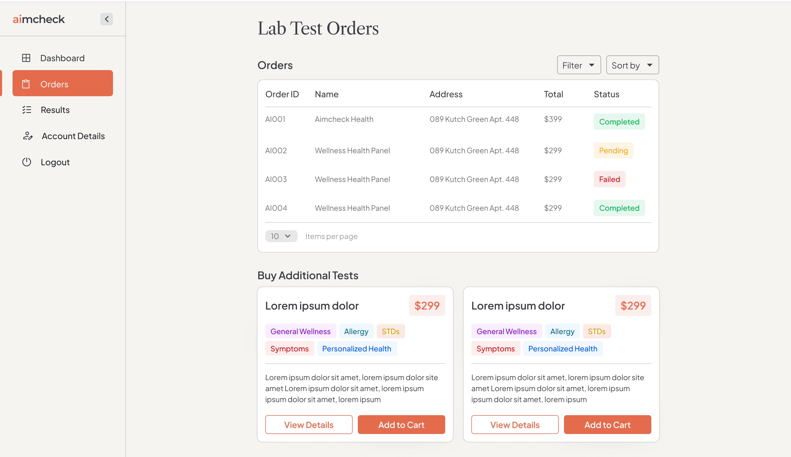 Lab Test Orders list with status chips - Completed, Pending, Failed - and additional test cards.