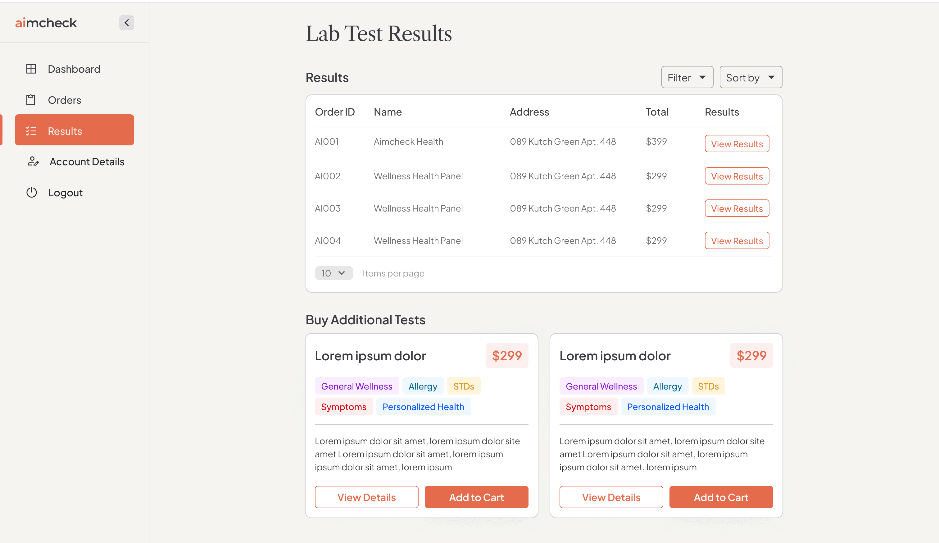 Lab Test Results list with per-order View Results actions.