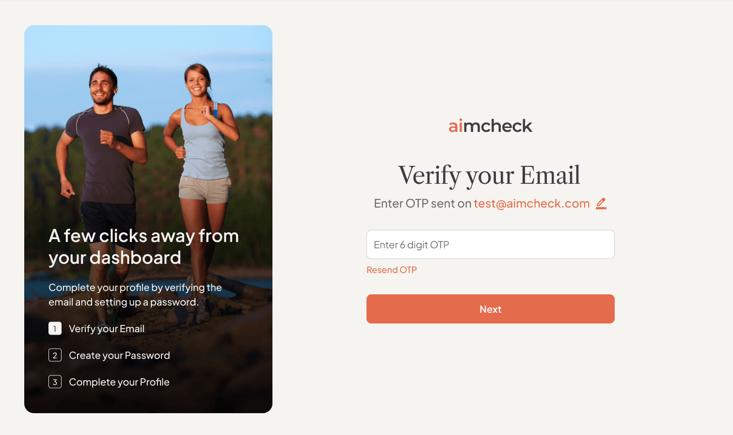 Onboarding step one, email OTP verification, with a persistent three-step progress panel beside a photograph of runners.