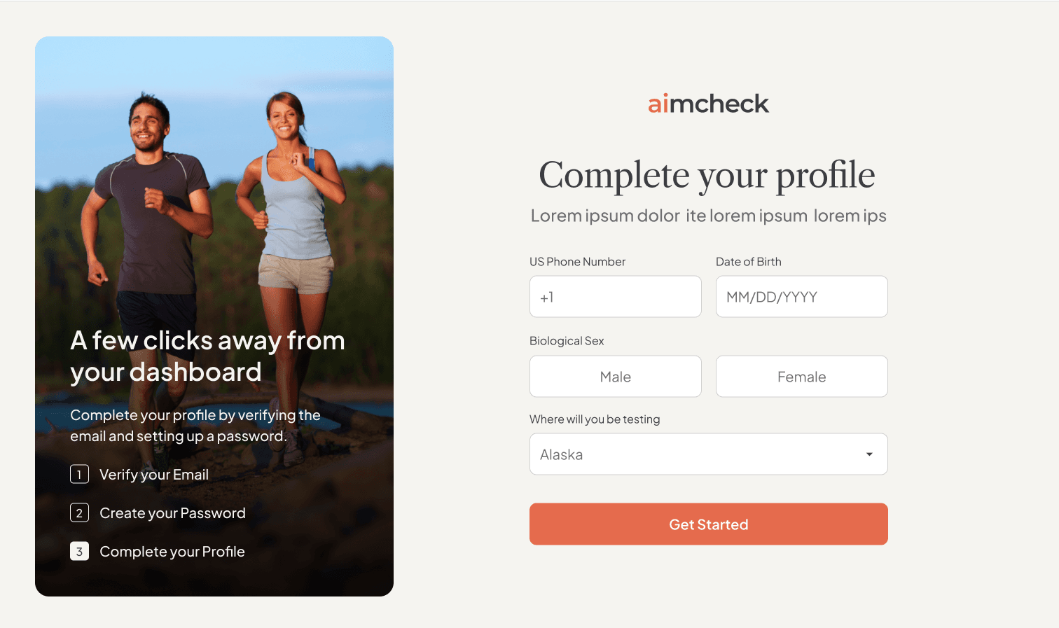 Onboarding step three, profile completion: phone, date of birth, biological sex, testing state.