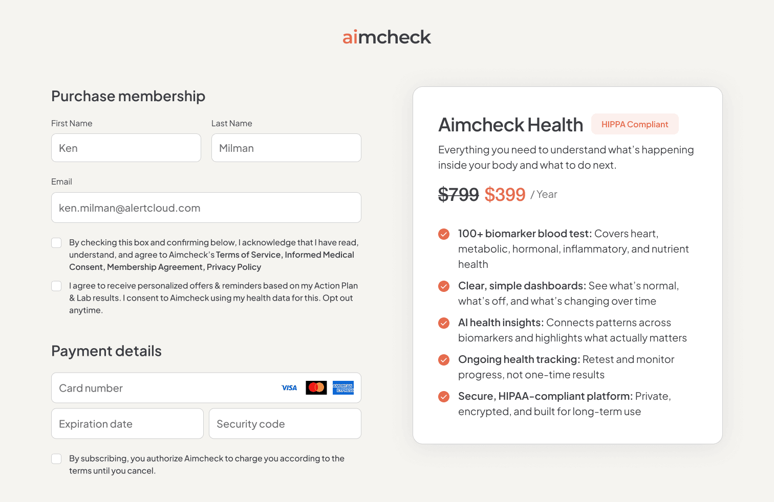 Membership purchase page: form left, order summary right, $799 struck through to $399 per year, HIPAA compliance badge, benefit checklist.
