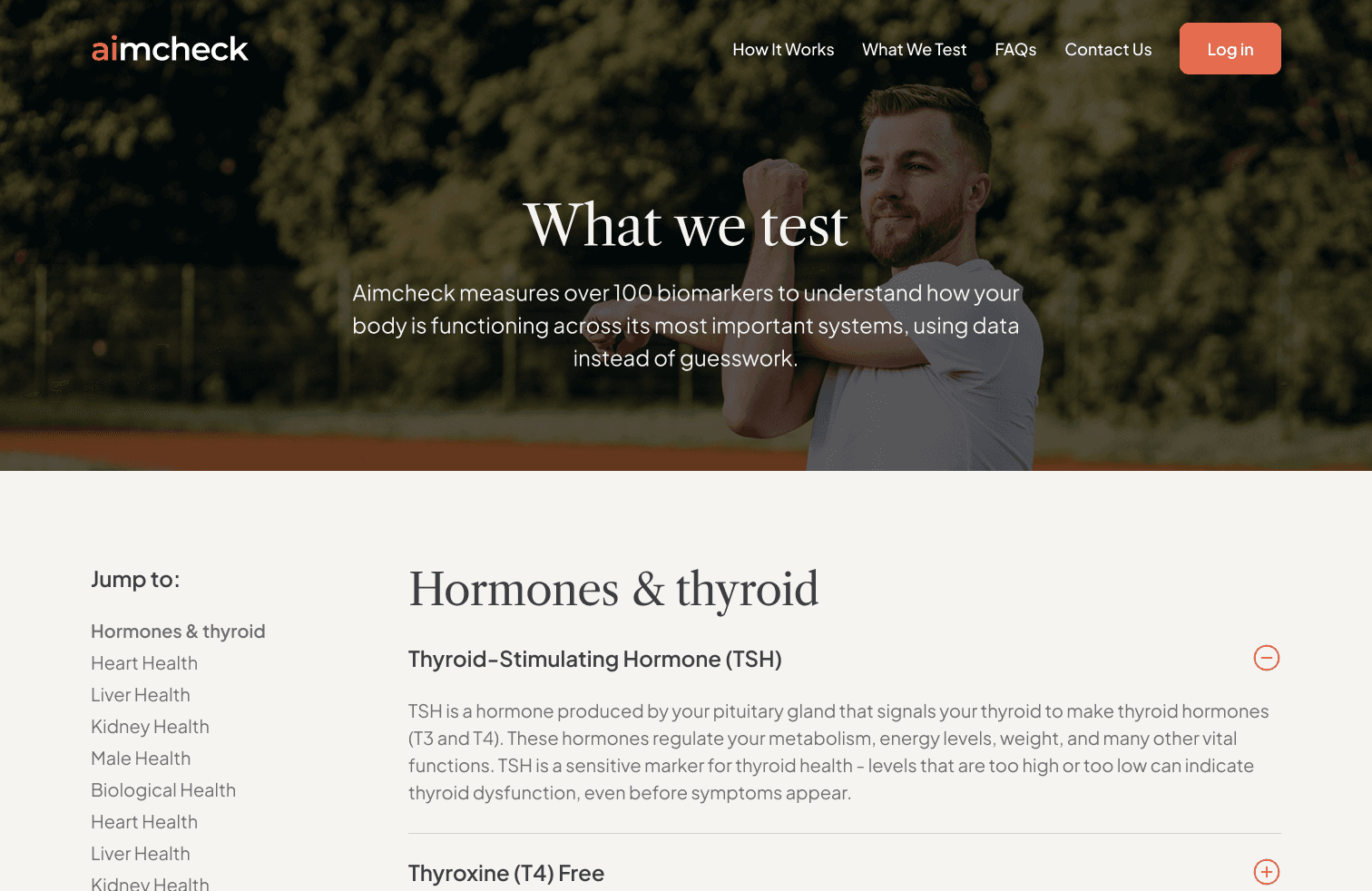 What We Test page: hero and the first biomarker group.