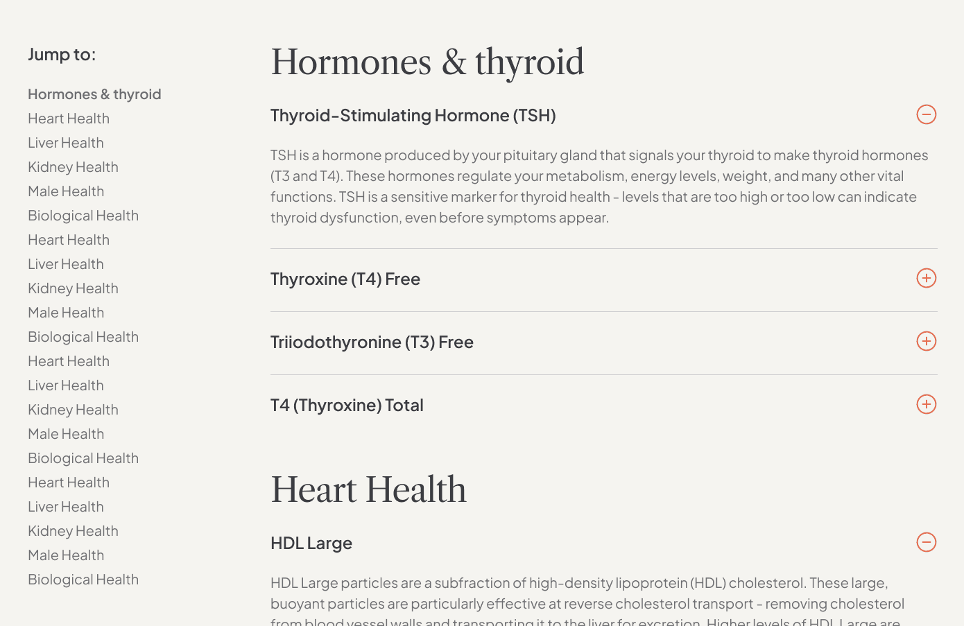 Zoom: the sticky Jump to rail beside the Hormones and thyroid accordion group, with TSH expanded in plain language.